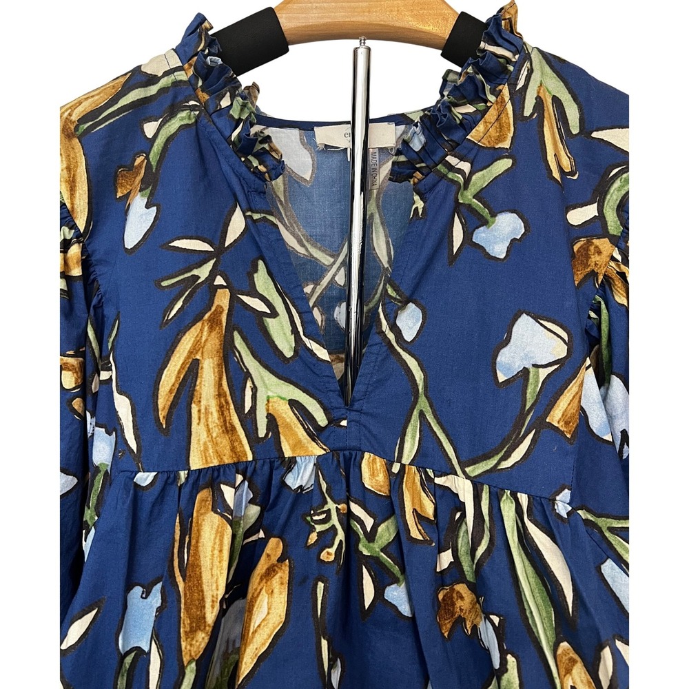 Entro Women's 1X Blue Floral Print Ruffle Neck 3/4 Sleeve Boho Tunic/Top - Picture 2 of 7